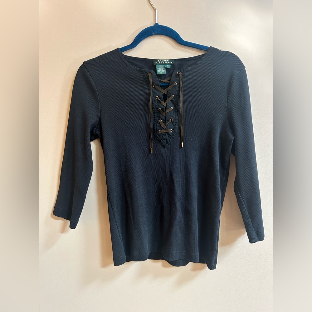 Lauren Ralph Lauren Vintage Lace Up Front Ribbed Henley Western Casual Top Shirt
